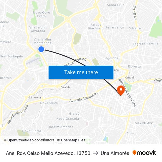 Anel Rdv. Celso Mello Azevedo, 13750 to Una Aimorés map