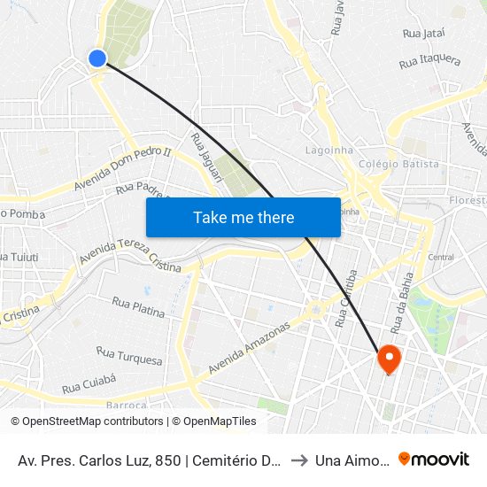 Av. Pres. Carlos Luz, 850 | Cemitério Da Paz 1 to Una Aimorés map