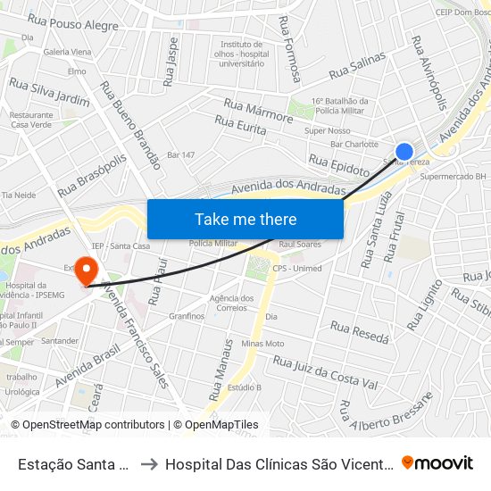 Estação Santa Teresa to Hospital Das Clínicas São Vicente De Paulo map
