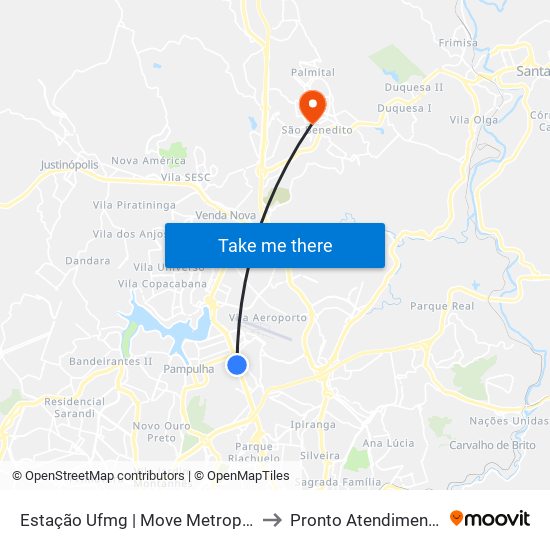 Estação Ufmg | Move Metropolitano - Sentido Centro to Pronto Atendimento São Benedito map