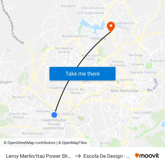 Leroy Merlin/Itaú Power Shopping to Escola De Design - Uemg map