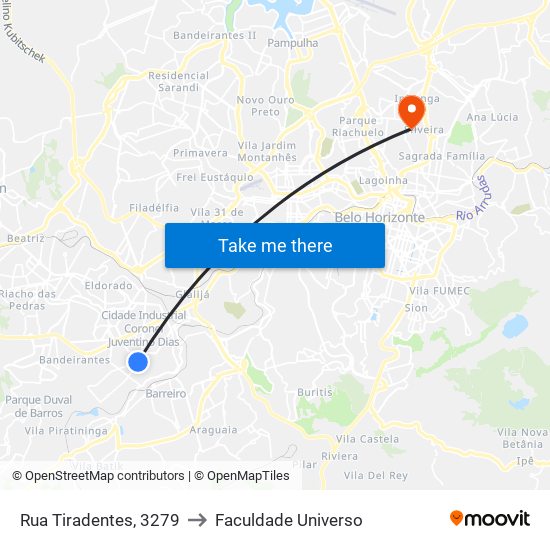 Rua Tiradentes, 3279 to Faculdade Universo map