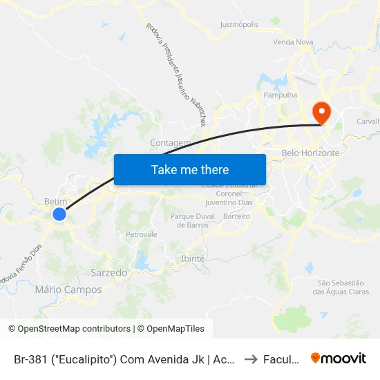 Br-381 ("Eucalipito") Com Avenida Jk | Acesso Ao Centro Betim E Praça Milton Campos sentido São Paulo to Faculdade Universo map