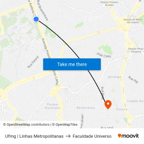 Ufmg | Linhas Metropolitanas to Faculdade Universo map