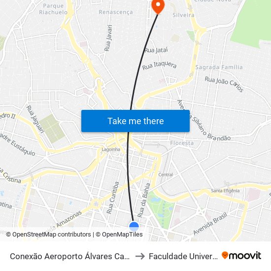 Conexão Aeroporto Álvares Cabral to Faculdade Universo map