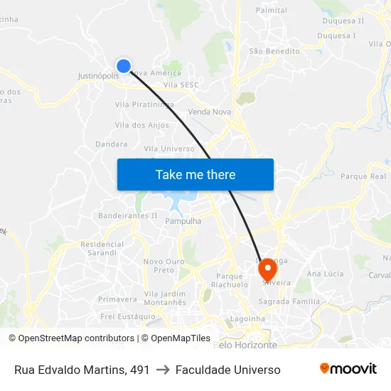 Rua Edvaldo Martins, 491 to Faculdade Universo map