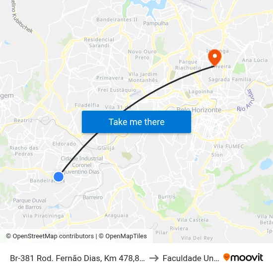 Br-381 Rod. Fernão Dias, Km 478,8 Norte, 1021 to Faculdade Universo map
