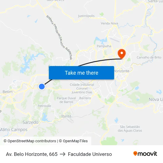 Av. Belo Horizonte, 665 to Faculdade Universo map