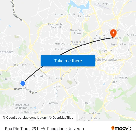 Rua Rio Tibre, 291 to Faculdade Universo map