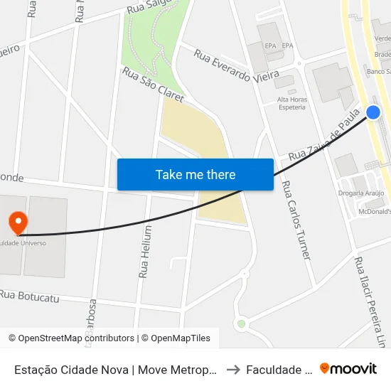Estação Cidade Nova | Move Metropolitano - Sentido Centro to Faculdade Universo map