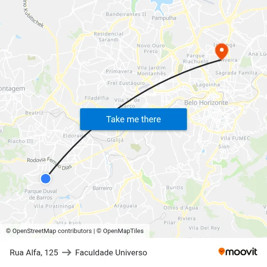 Rua Alfa, 125 to Faculdade Universo map