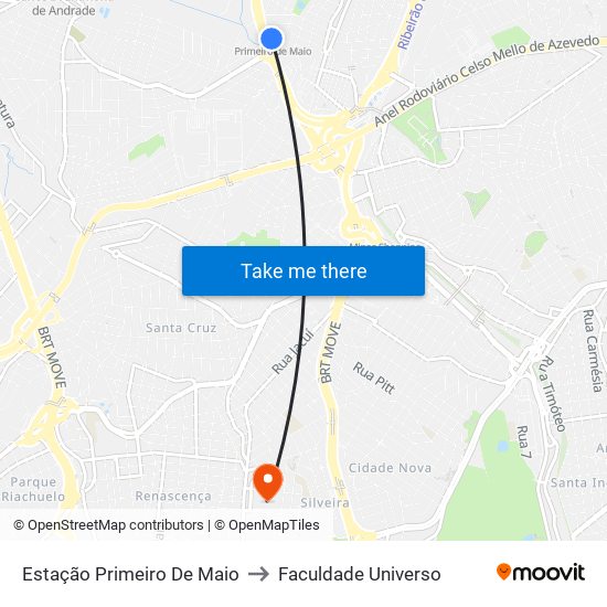 Estação Primeiro De Maio to Faculdade Universo map