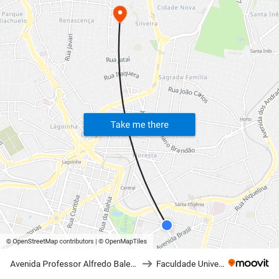 Avenida Professor Alfredo Balena 11 to Faculdade Universo map