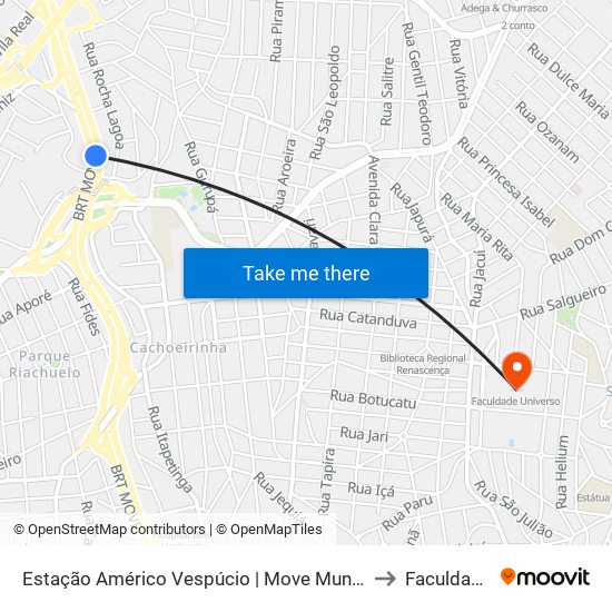 Estação Américo Vespúcio | Move Municipal - Plataforma A1 - Sentido Centro to Faculdade Universo map