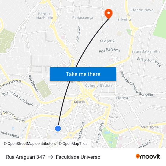 Rua Araguari 347 to Faculdade Universo map