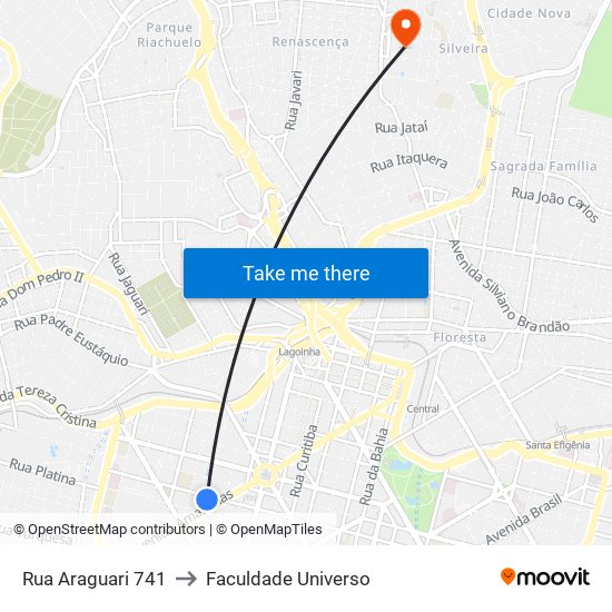 Rua Araguari 741 to Faculdade Universo map