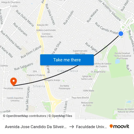 Avenida Jose Candido Da Silveira 2115 to Faculdade Universo map