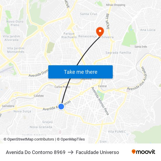 Avenida Do Contorno 8969 to Faculdade Universo map