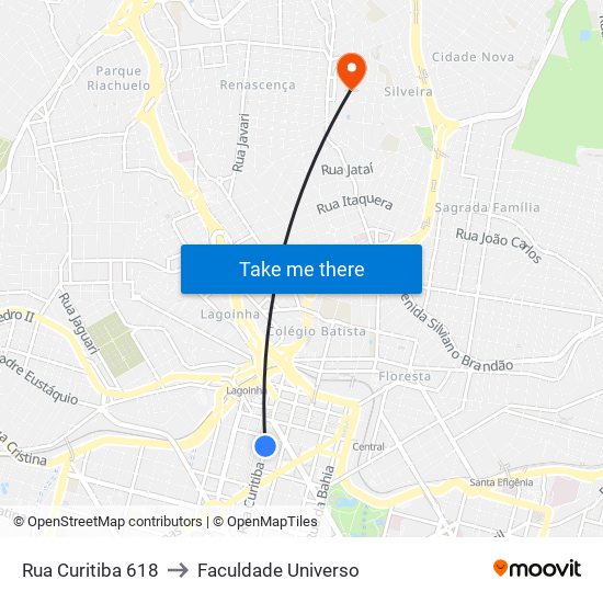 Rua Curitiba 618 to Faculdade Universo map