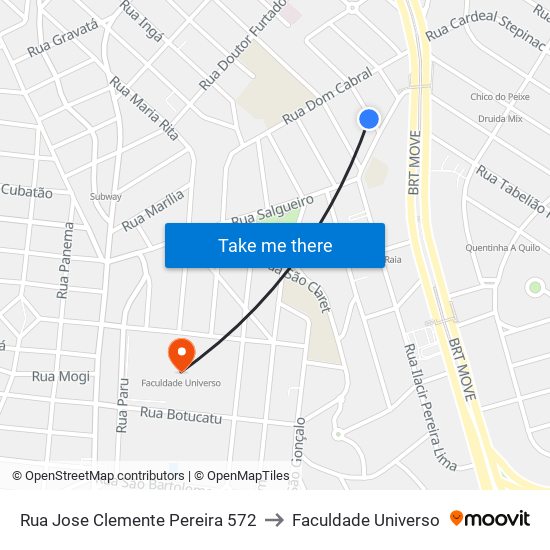 Rua Jose Clemente Pereira 572 to Faculdade Universo map