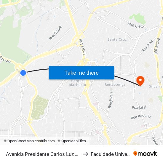 Avenida Presidente Carlos Luz 3003 to Faculdade Universo map