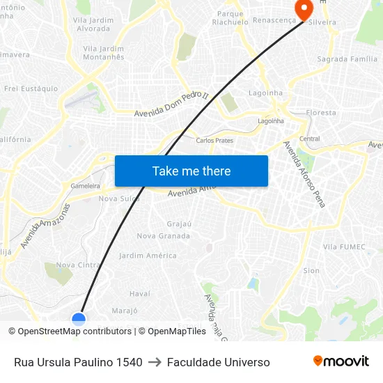 Rua Ursula Paulino 1540 to Faculdade Universo map