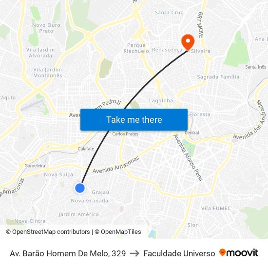 Av. Barão Homem De Melo, 329 to Faculdade Universo map