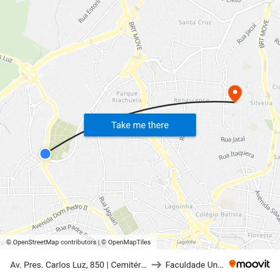 Av. Pres. Carlos Luz, 850 | Cemitério Da Paz 1 to Faculdade Universo map
