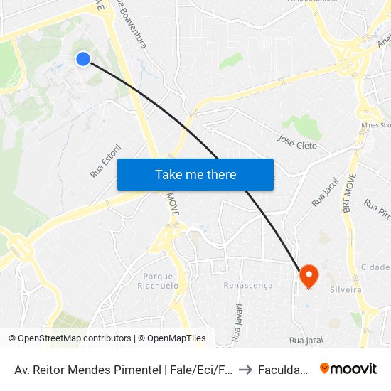 Av. Reitor Mendes Pimentel | Fale/Eci/Fafich/Cad 2 (Sentido Antônio Carlos) to Faculdade Universo map