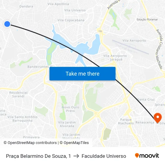 Praça Belarmino De Souza, 1 to Faculdade Universo map