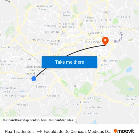 Rua Tiradentes, 3279 to Faculdade De Ciências Médicas De Minas Gerais map