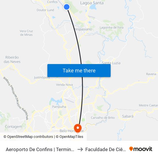 Aeroporto De Confins | Terminal De Cargas - Sentido Belo Horizonte/Lagoa Santa to Faculdade De Ciências Médicas De Minas Gerais map