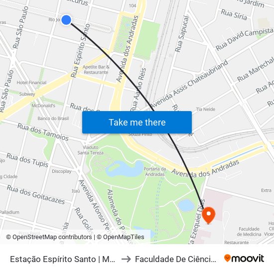 Estação Espírito Santo | Move Metropolitano - Plataforma 1b to Faculdade De Ciências Médicas De Minas Gerais map