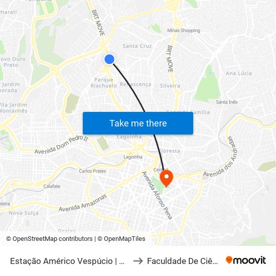 Estação Américo Vespúcio | Move Municipal - Plataforma A1 - Sentido Centro to Faculdade De Ciências Médicas De Minas Gerais map