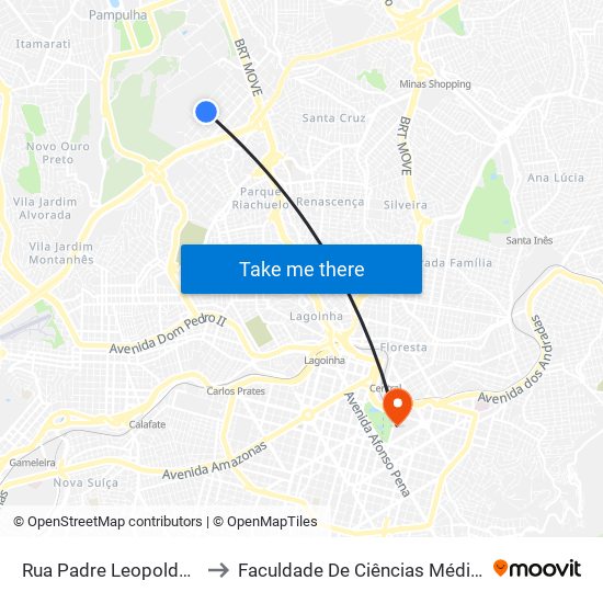 Rua Padre Leopoldo Mertens 1231 to Faculdade De Ciências Médicas De Minas Gerais map