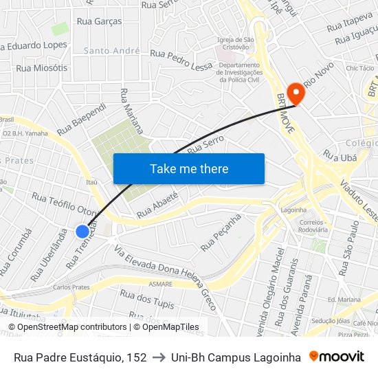 Rua Padre Eustáquio, 152 to Uni-Bh Campus Lagoinha map