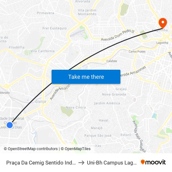 Praça Da Cemig Sentido Industrial to Uni-Bh Campus Lagoinha map