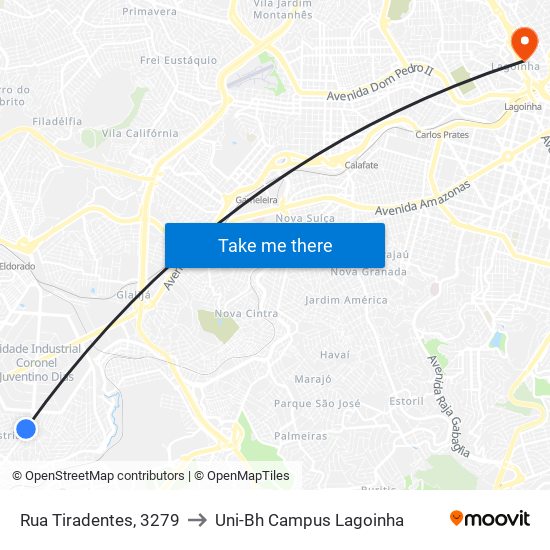 Rua Tiradentes, 3279 to Uni-Bh Campus Lagoinha map