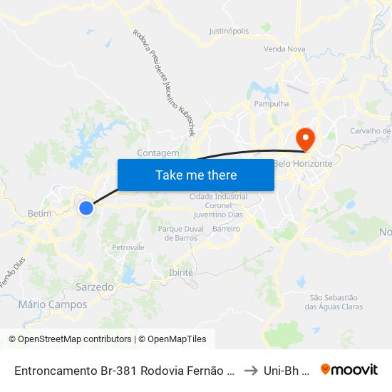 Entroncamento Br-381 Rodovia Fernão Dias Com Contorno De Betim (Antes Do Partage Shopping/Rodoviária) to Uni-Bh Campus Lagoinha map