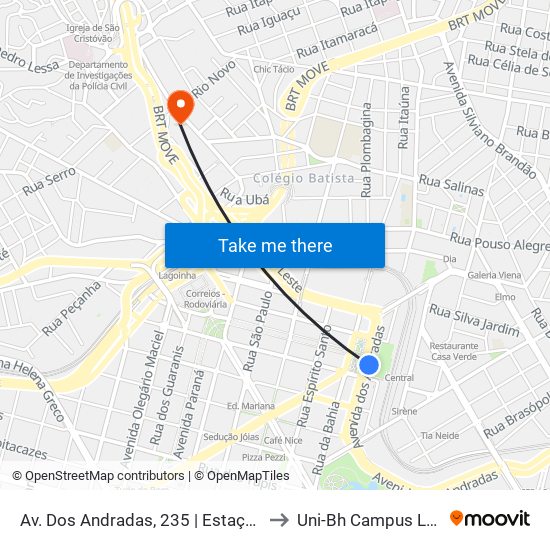 Av. Dos Andradas, 235 | Estação Central 2 to Uni-Bh Campus Lagoinha map