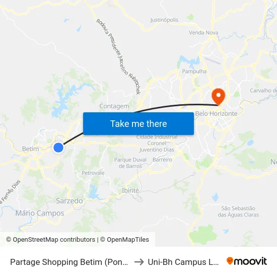 Partage Shopping Betim (Ponto Externo) to Uni-Bh Campus Lagoinha map