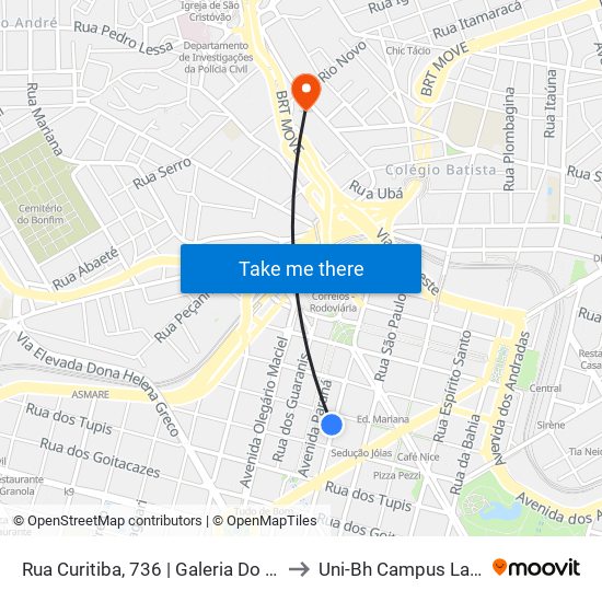 Rua Curitiba, 736 | Galeria Do Ouvidor 3 to Uni-Bh Campus Lagoinha map
