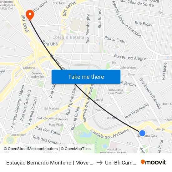 Estação Bernardo Monteiro | Move Metropolitano - Plataforma 1 B to Uni-Bh Campus Lagoinha map