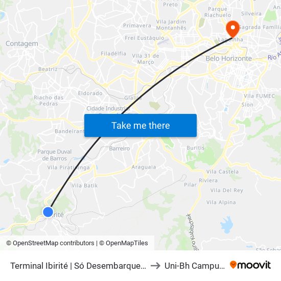 Terminal Ibirité | Só Desembarque (Encerrando Viagem) to Uni-Bh Campus Lagoinha map