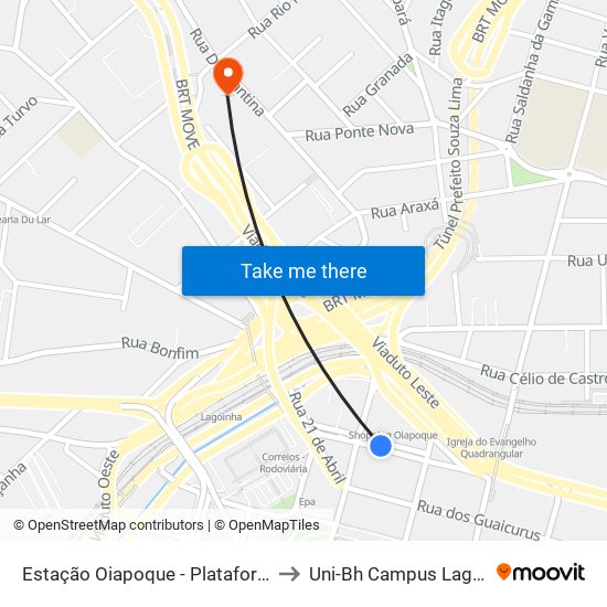 Estação Oiapoque - Plataforma A1 to Uni-Bh Campus Lagoinha map