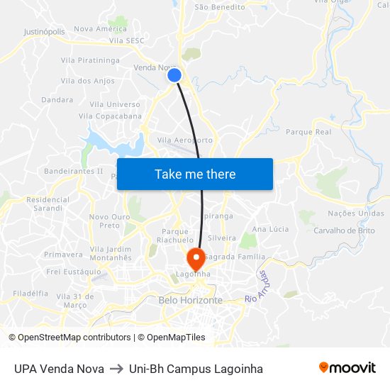 UPA Venda Nova to Uni-Bh Campus Lagoinha map