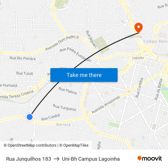 Rua Junquilhos 183 to Uni-Bh Campus Lagoinha map