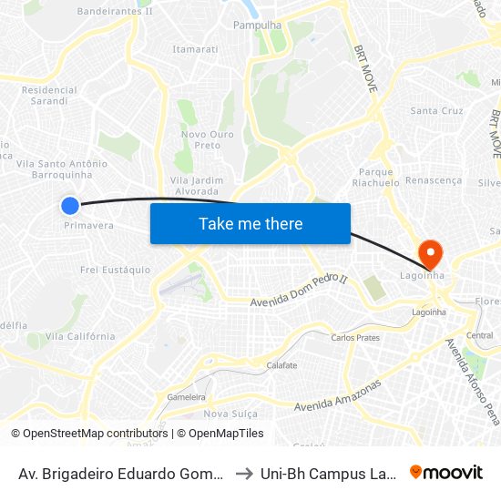 Av. Brigadeiro Eduardo Gomes, 2400 to Uni-Bh Campus Lagoinha map