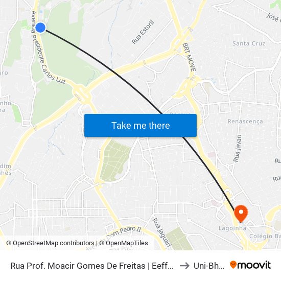 Rua Prof. Moacir Gomes De Freitas | Eeffto - Escola De Educação Física, Fisioterapia E Terapia Ocupacional - Saindo Do Campus to Uni-Bh Campus Lagoinha map