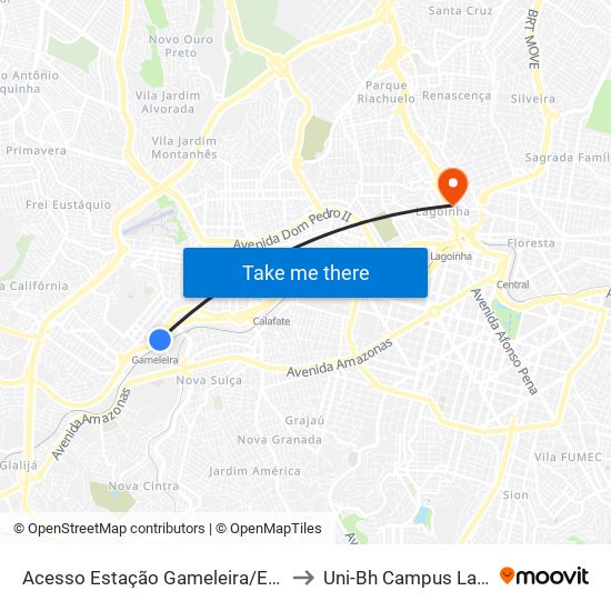 Acesso Estação Gameleira/Expominas to Uni-Bh Campus Lagoinha map